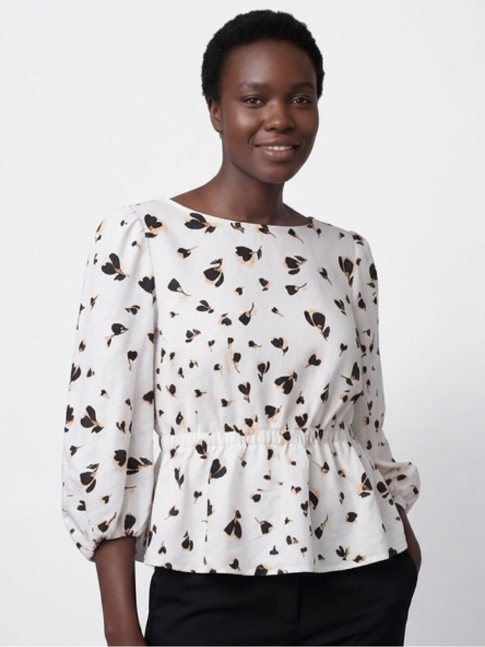 Ann Taylor White Peplum Blouse with Black and Tan Floral Print